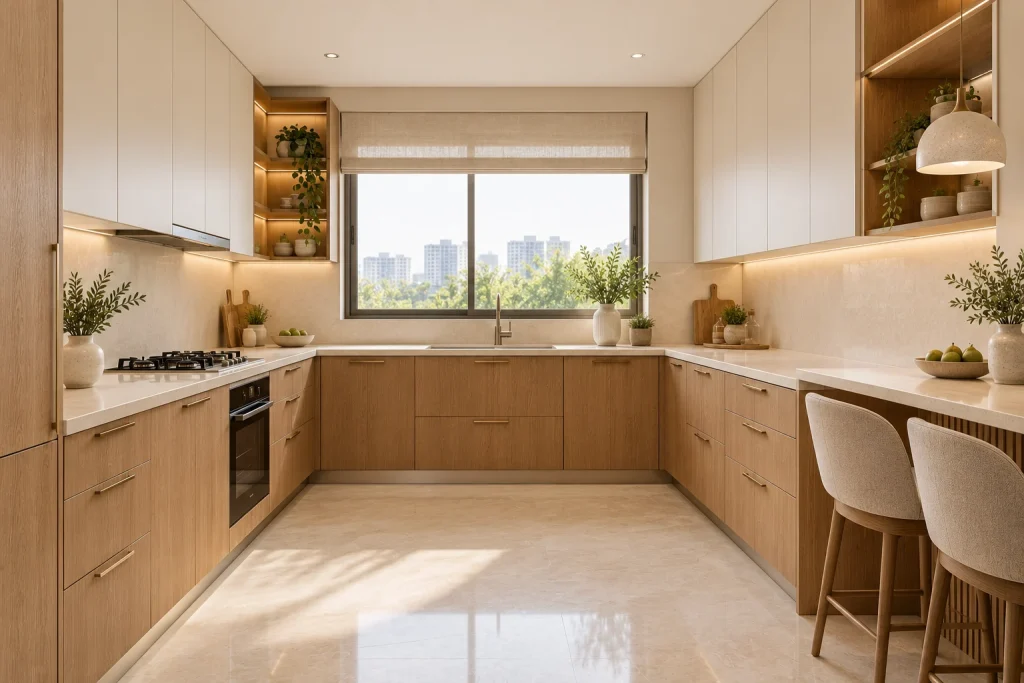 U-shaped modular kitchen with coordinated ivory finishes and warm oak joinery