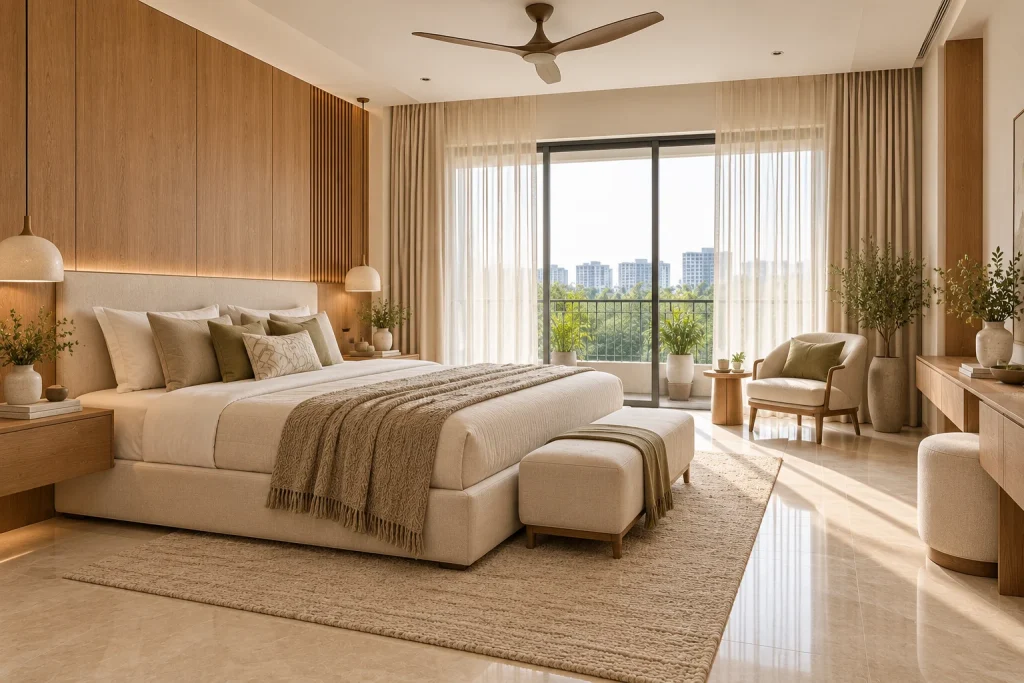 Master bedroom with coordinated ivory finishes and warm oak joinery
