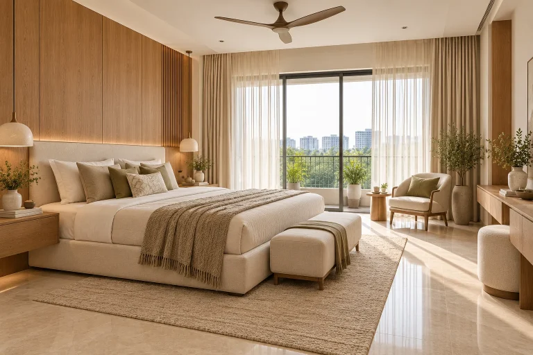Master bedroom with coordinated ivory finishes and warm oak joinery