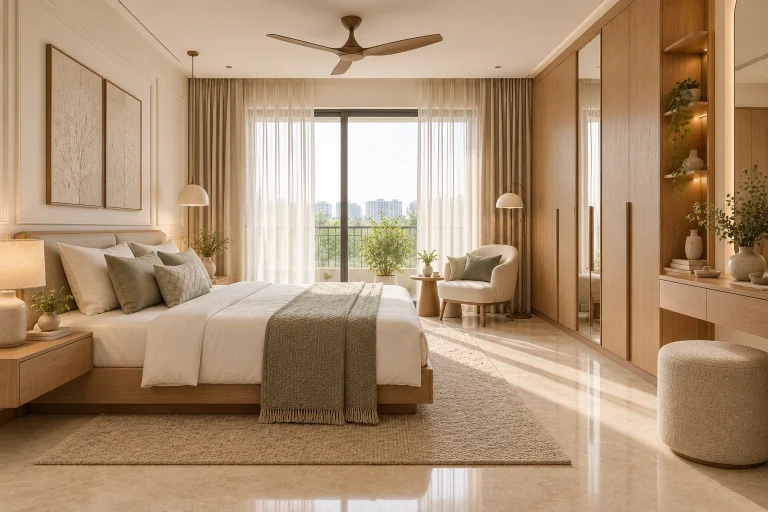 Guest bedroom with coordinated ivory finishes and warm oak joinery