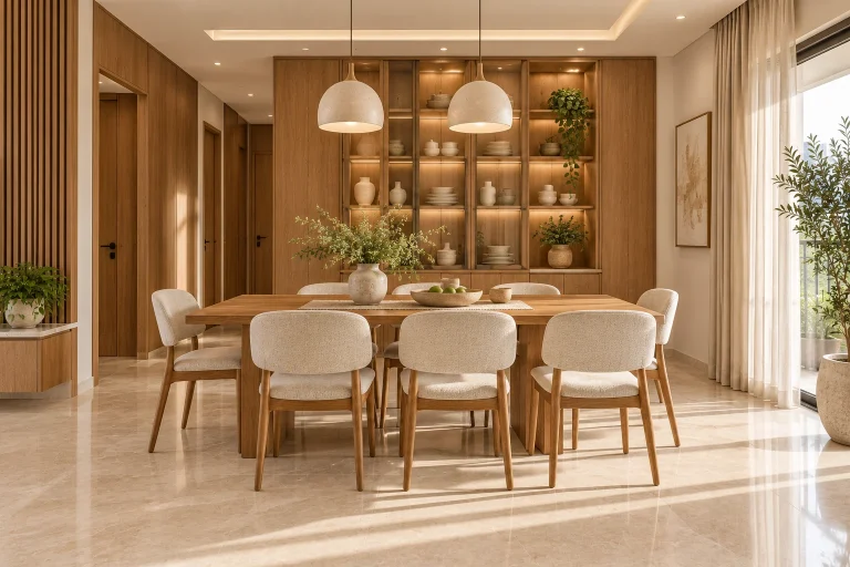 Dining room with coordinated ivory finishes and warm oak joinery