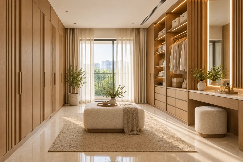 Wardrobe and dressing with coordinated ivory finishes and warm oak joinery