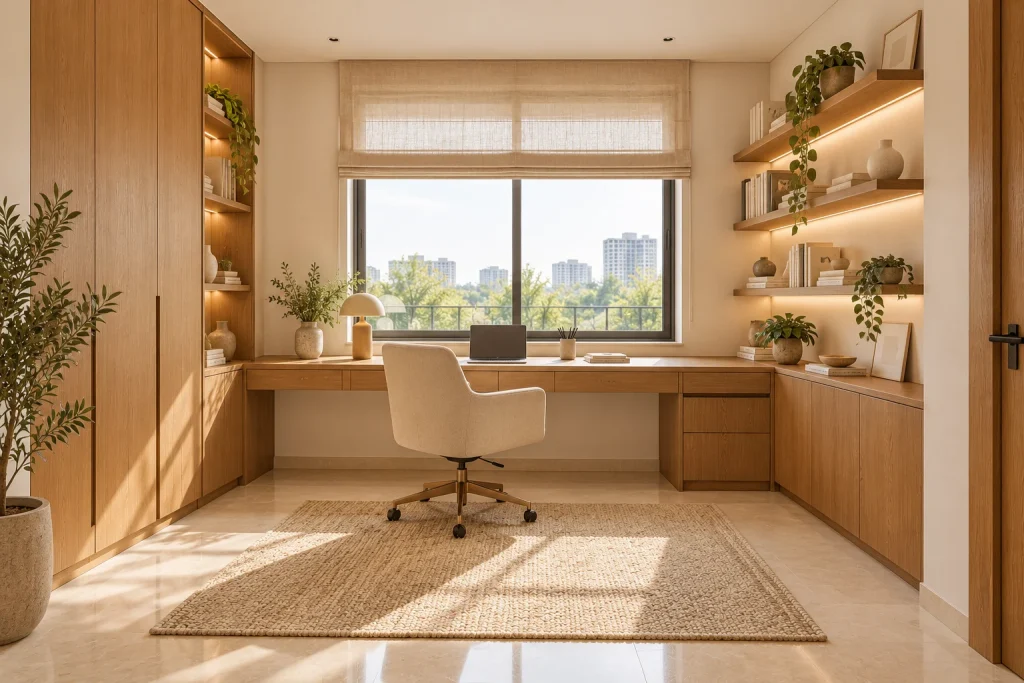 Home office with coordinated ivory finishes and warm oak joinery