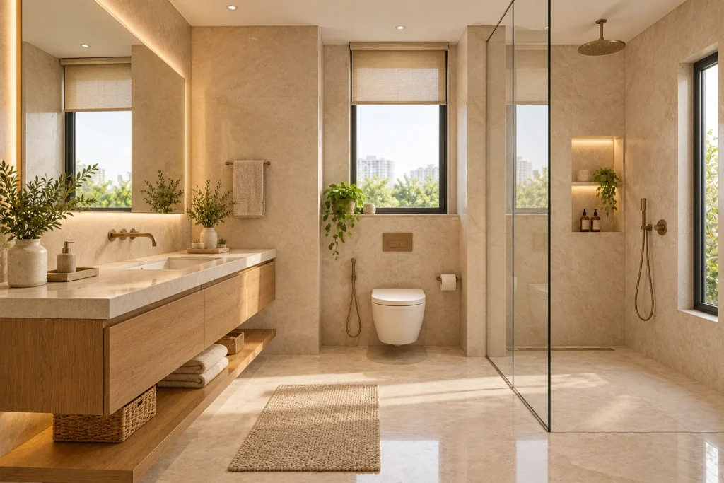 Family bathroom with coordinated ivory finishes and warm oak joinery