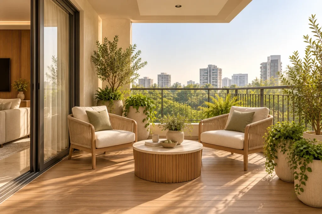Balcony lounge with coordinated ivory finishes and warm oak joinery