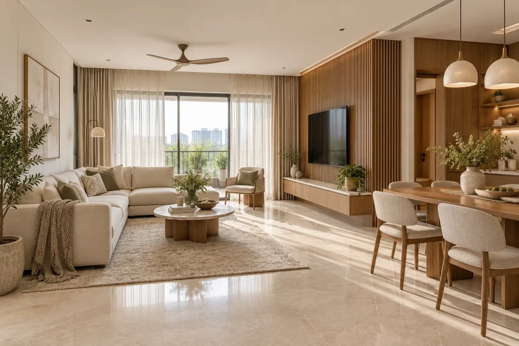 Ivory linen seating, Fluted oak media wall, Integrated dining storage in Ivory Oak Residence