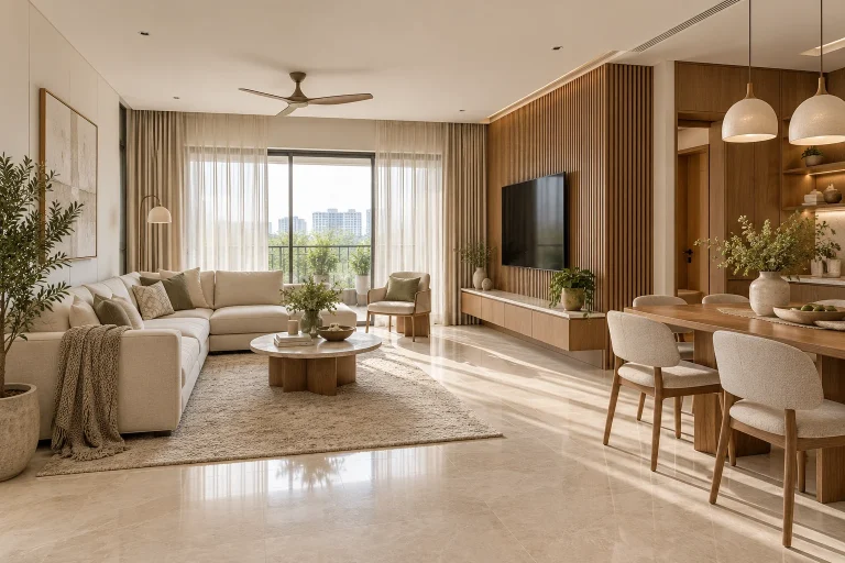 Ivory linen seating, Fluted oak media wall, Integrated dining storage in Ivory Oak Residence