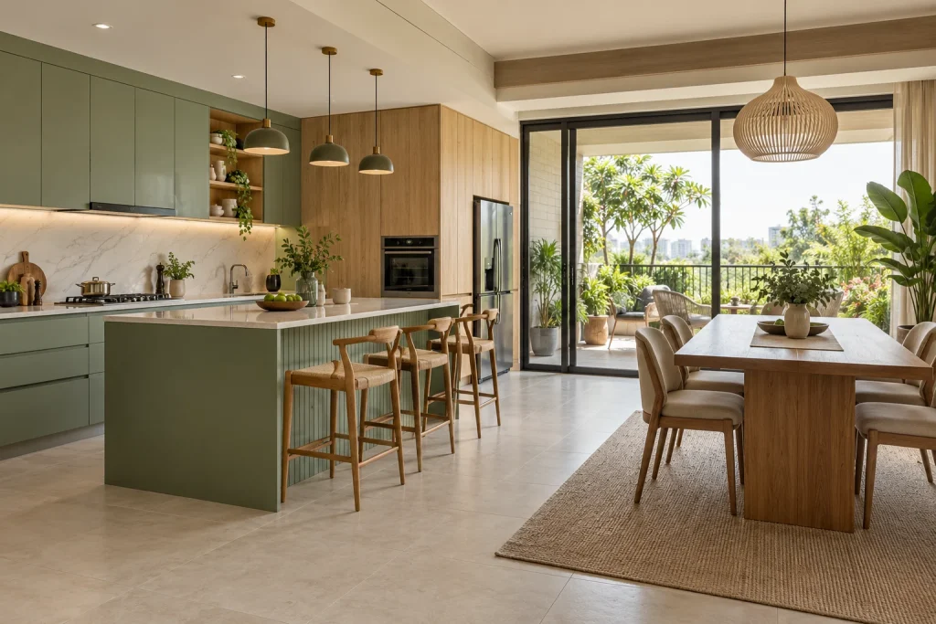 Sage modular kitchen, Quartz breakfast island, Full-height pantry units in Sage Courtyard Apartment
