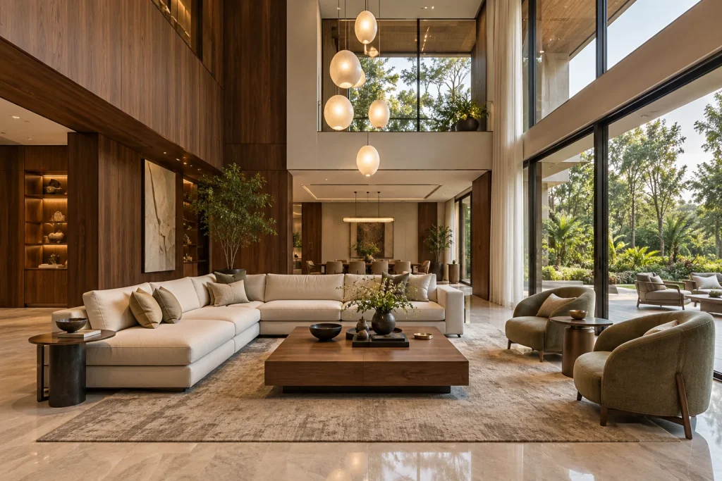 Double-height lounge, Walnut wall panelling, Garden-facing seating in Walnut Sky Villa