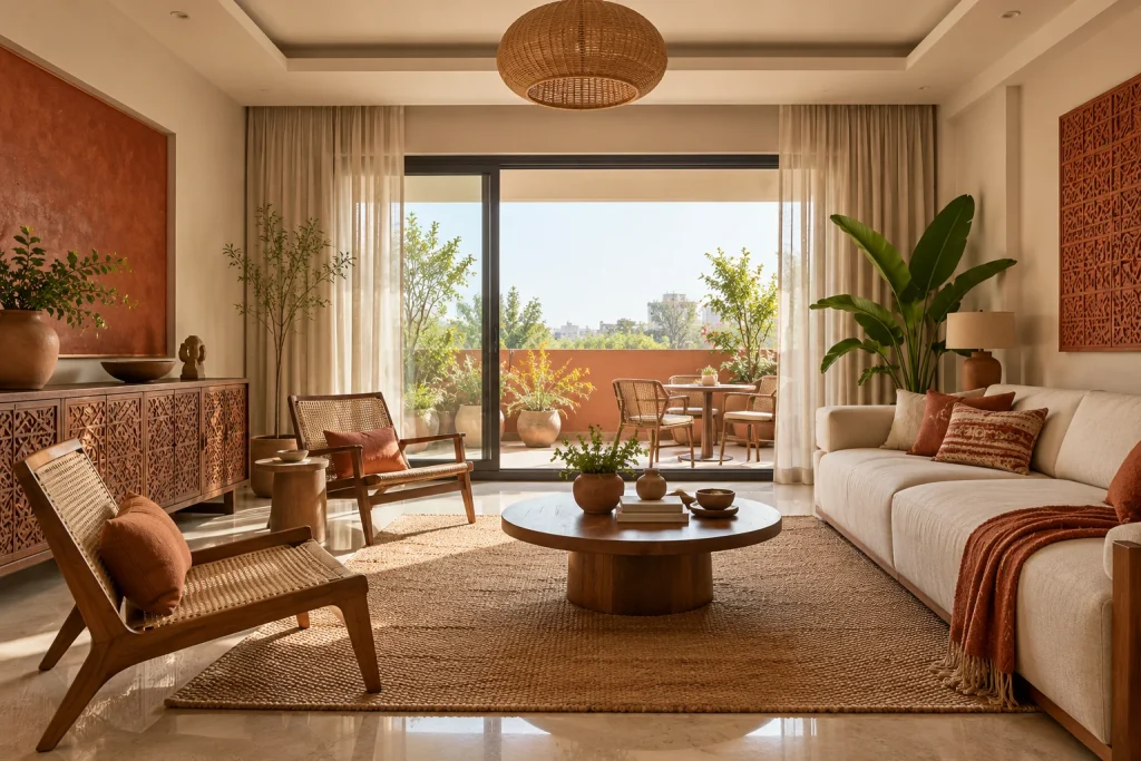 Cane accent chairs, Terracotta finishes, Balcony reading corner in Terracotta Terrace Home