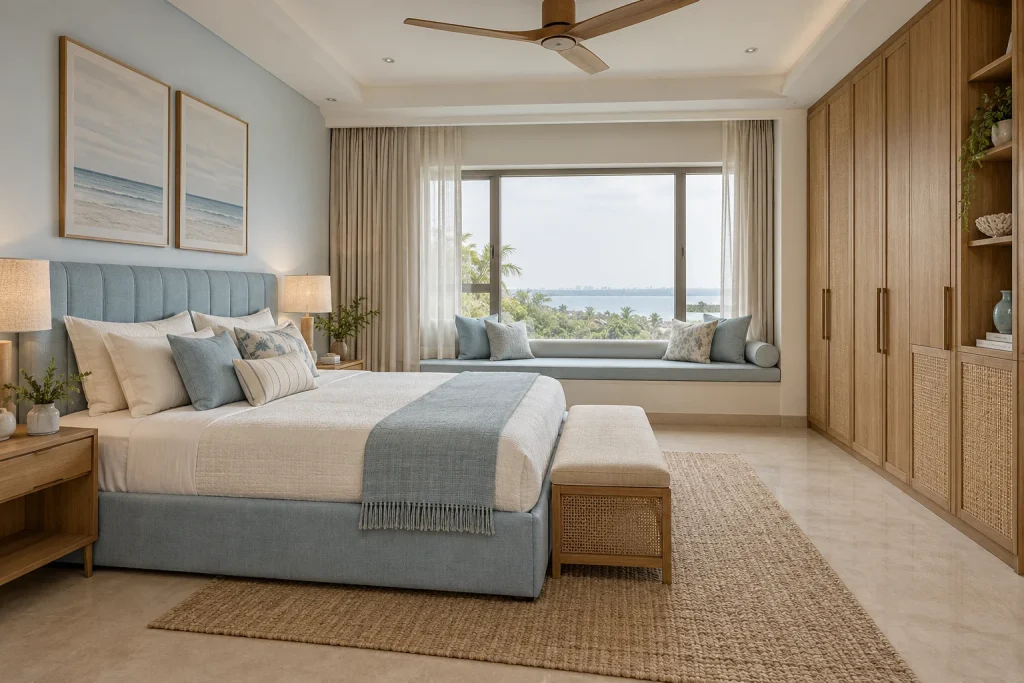 Upholstered bedroom wall, Window seat storage, Soft-close oak wardrobes in Coastal Blue Residence