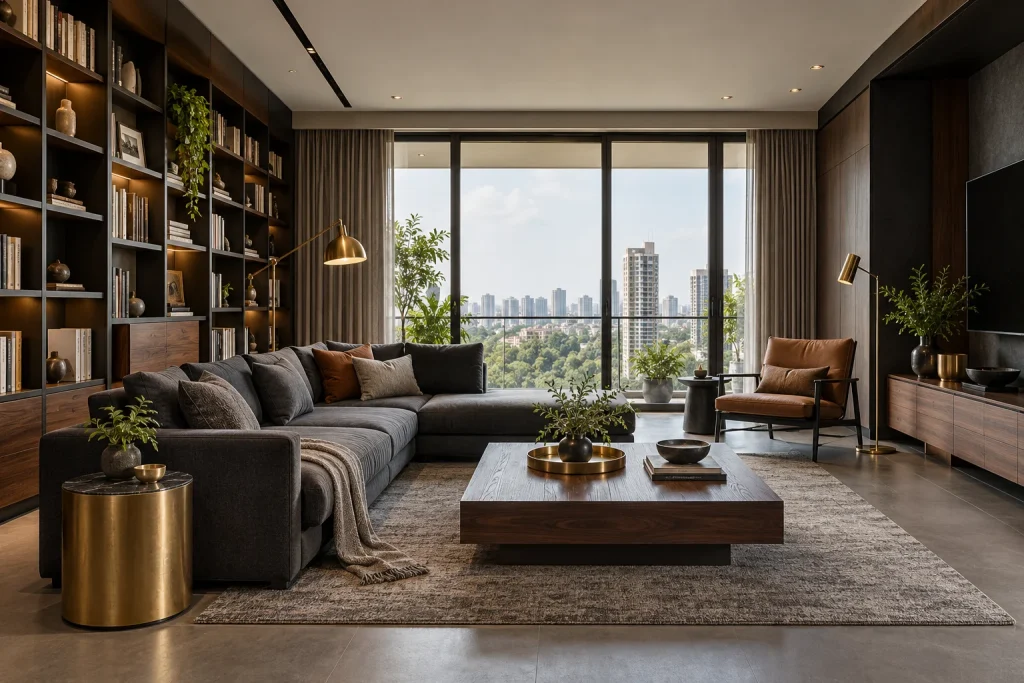 Graphite media cabinetry, Floor-to-ceiling bookshelves, Layered task lighting in Urban Charcoal Loft