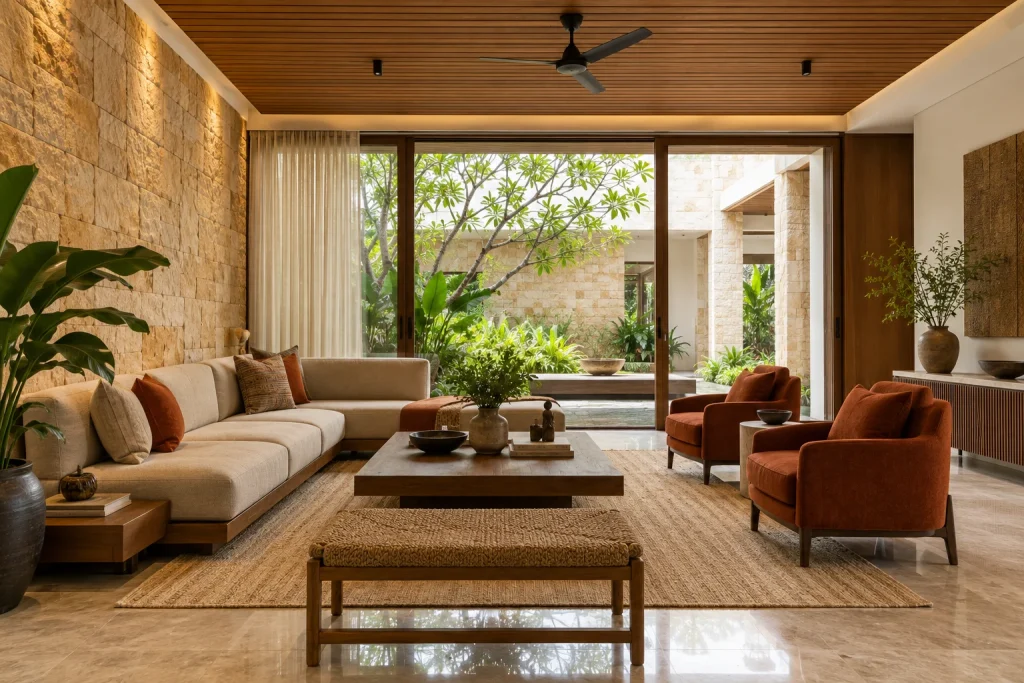 Sandstone feature wall, Slatted timber ceiling, Courtyard-facing lounge in Sandstone Garden Villa
