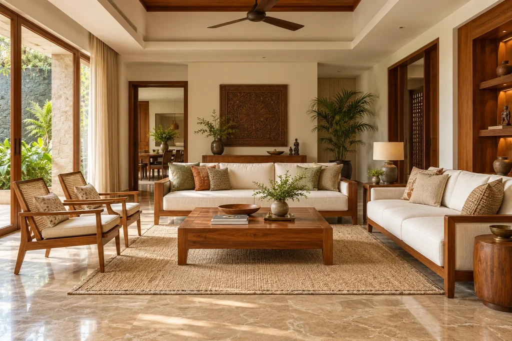 Teak furniture accents, Handwoven soft furnishings, Warm stone flooring in Teak Heritage Residence