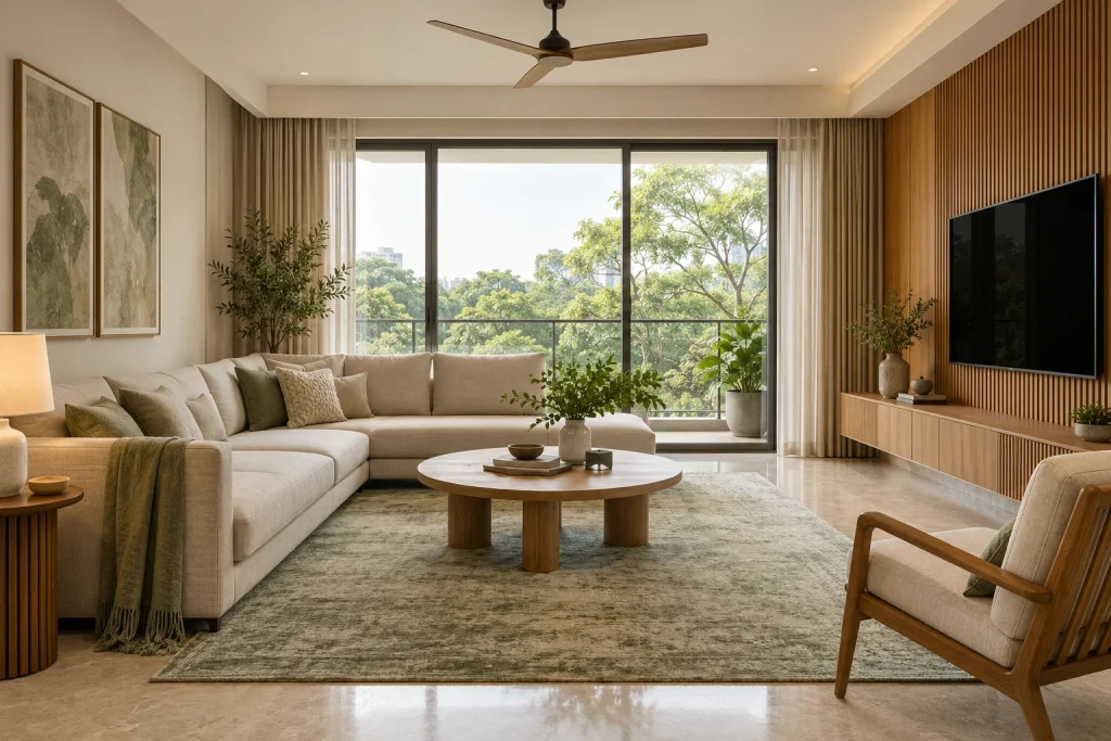 Oak slatted media wall, Linen lounge seating, Tree-facing windows in Linen Park Residence