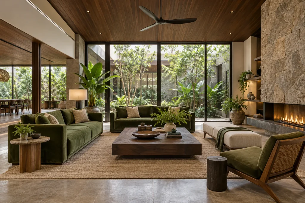 Biophilic indoor courtyard, Natural stone feature, Deep-green lounge palette in Forest Edge Villa