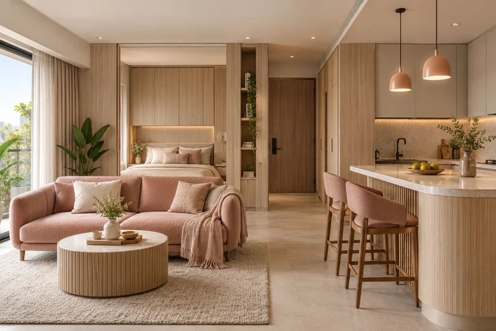 Concealed sleeping zone, Curved breakfast counter, Full-height ash storage in Blush Studio Apartment