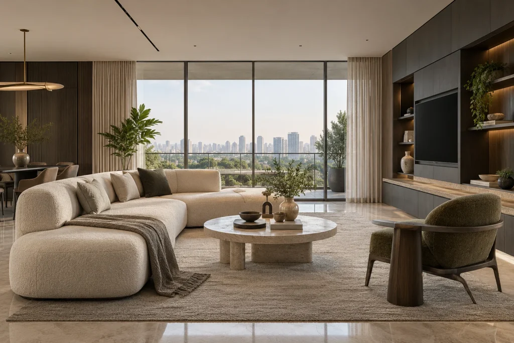 Travertine centre table, Graphite cabinetry, Skyline-facing lounge in Graphite Skyline Home