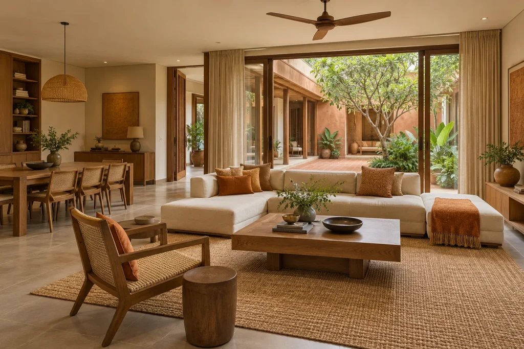 Courtyard dining, Amber textile accents, Natural oak joinery in Amber Courtyard Villa
