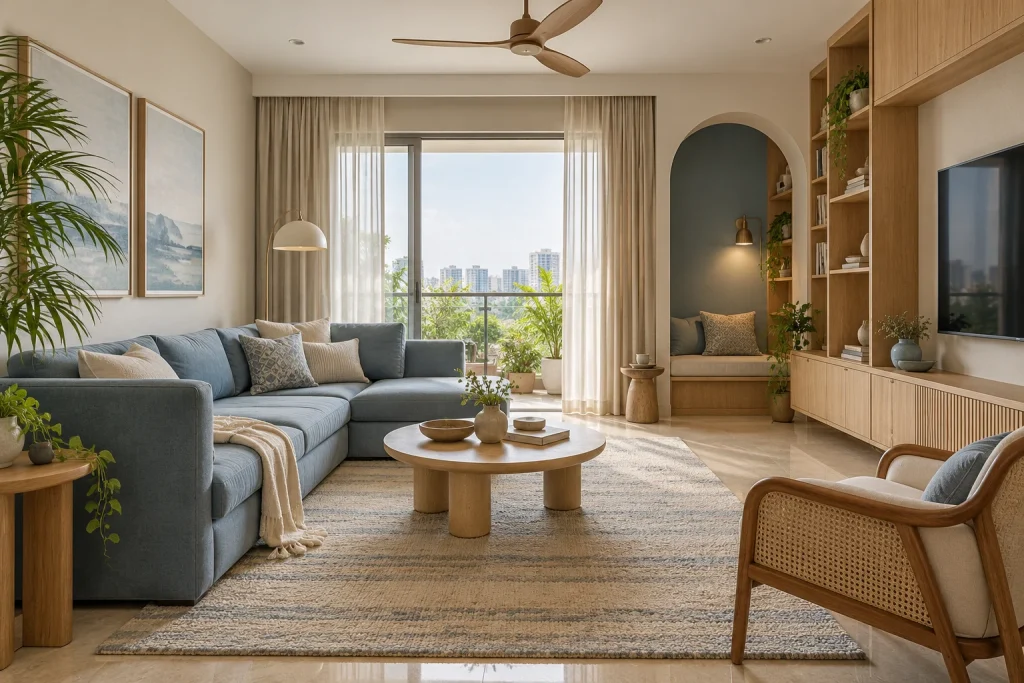 Arched reading nook, White oak media wall, Misty blue seating in Misty Blue Family Home