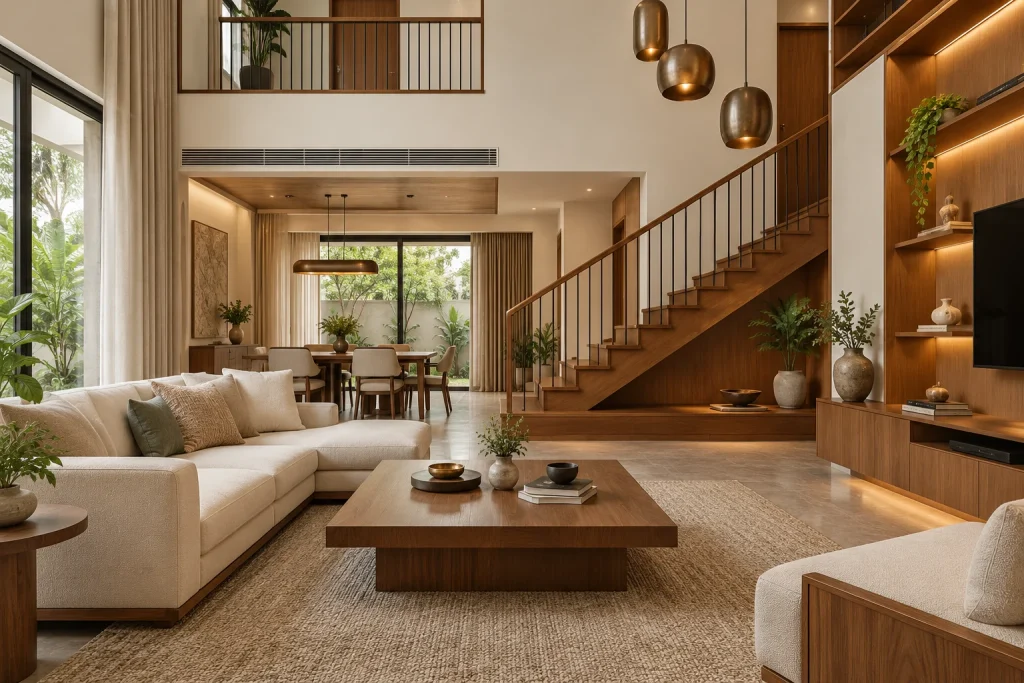 Timber feature staircase, Cedar display storage, Bronze lighting accents in Cedar Duplex Residence
