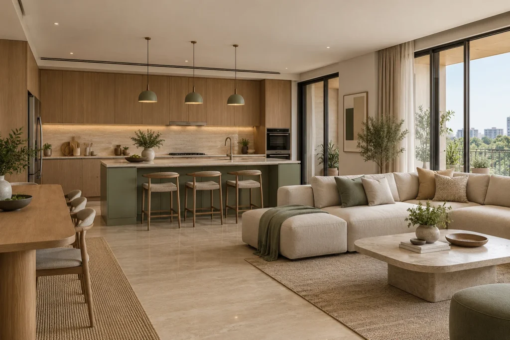 Sage kitchen island, Travertine backsplash, Connected lounge layout in Stone and Sage Apartment