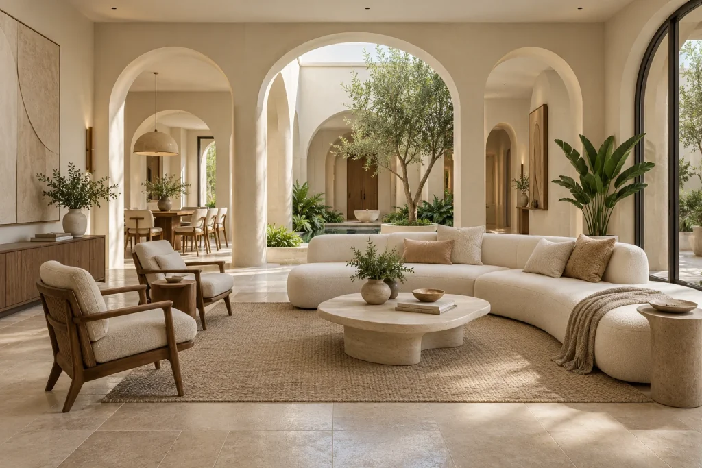 Soft architectural arches, Limestone flooring, Indoor garden lounge in Ivory Arch Villa