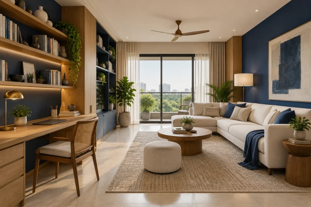 Integrated home office, Indigo accent wall, Custom book storage in Indigo Work Live Home